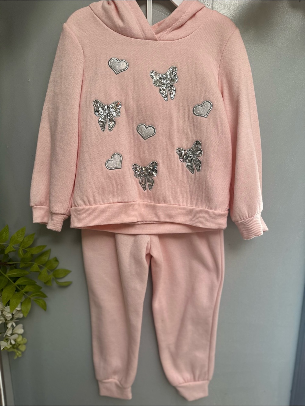 Kate Mack Light Pink Hoodie & Joggers with Silver Bow and Heart Accents